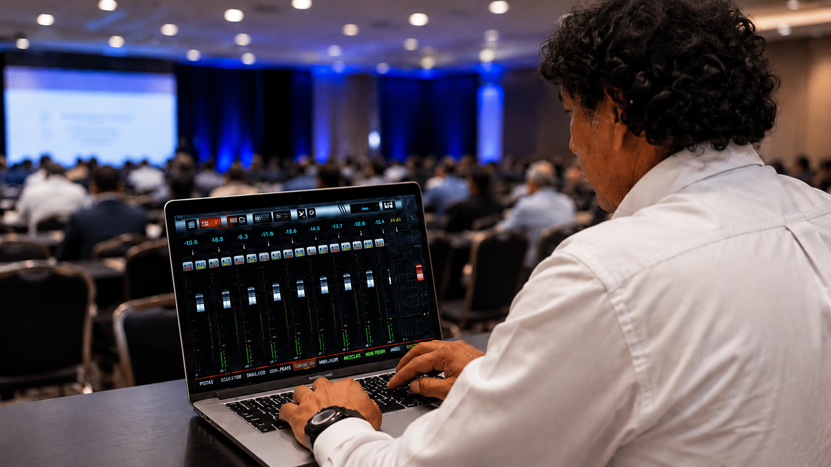 Ingeniero operando consola de audio digital en evento corporativo a gran escala