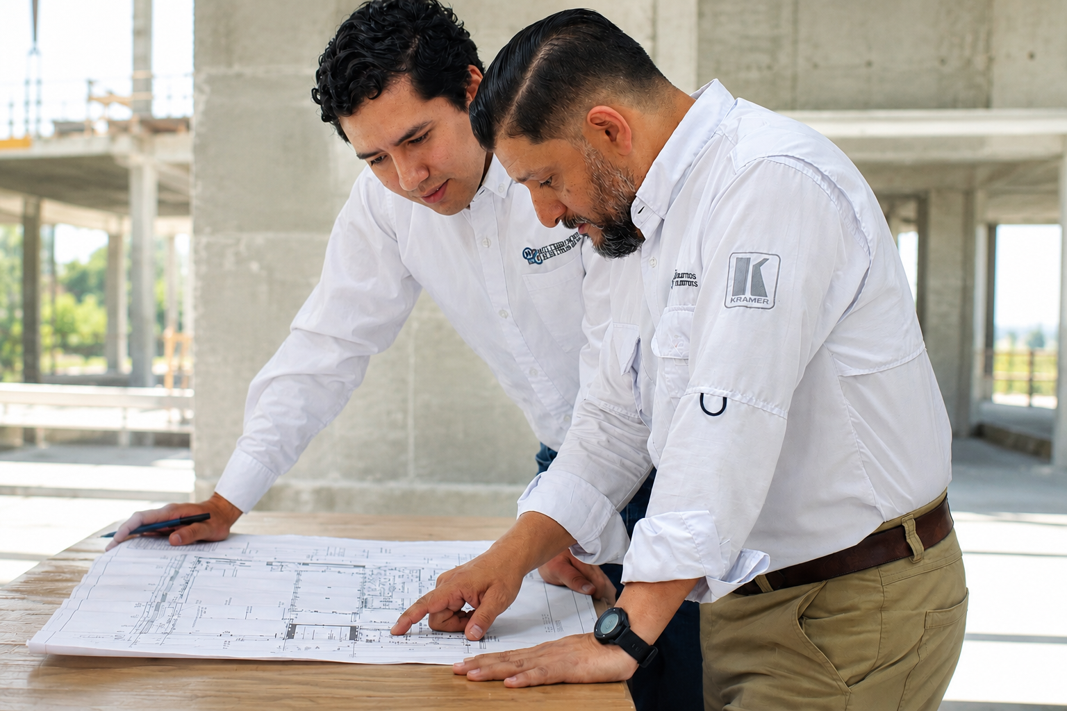 Equipo de ingenieros revisando planos